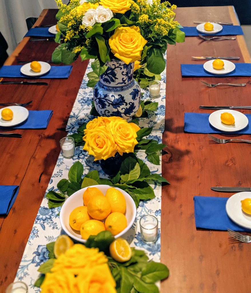 Summer tablescape, dinner party table ideas, lemon decorations